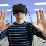 A person using virtual reality for rehabilitation, focusing on balance and movement, 35mm portrait, depth of field, illustrating innovative therapy for hereditary spastic paraplegia.