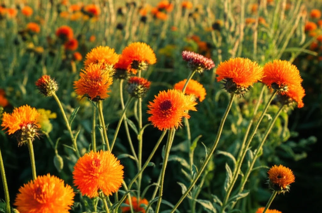 Campo di cartamo (Carthamus tinctorius) in fioritura sotto il sole. In primo piano, fiori arancioni brillanti della varietà Goldasht, dall'aspetto sano. Sullo sfondo, alcune piante mostrano segni lievi di stress idrico. Obiettivo prime 35mm, profondità di campo che sfoca leggermente lo sfondo, luce naturale calda del tardo pomeriggio.