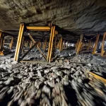 Dramatic scene of a rock burst aftermath in a deep underground mine, showing damaged supports and debris scattered on the floor. Motion photography, fast shutter speed, movement tracking.