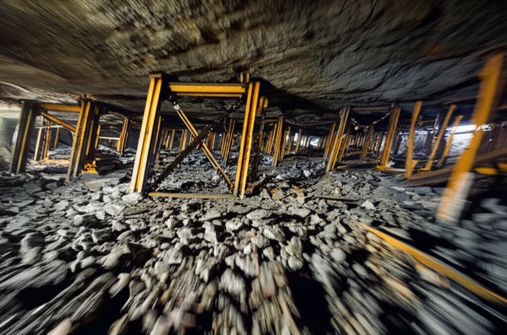 Dramatic scene of a rock burst aftermath in a deep underground mine, showing damaged supports and debris scattered on the floor. Motion photography, fast shutter speed, movement tracking.