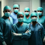 Fotografia di ritratto di un gruppo diversificato di chirurghi in scrubs, che sembrano stanchi ma resistenti dopo un lungo turno e sfocato il corridoio ospedaliero che fornisce contesto, lenti prime da 35 mm creando profondità di campo, sottile illuminazione noir noir che migliora la complessità emotiva e la gravità della loro professione.