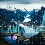 Fotografia grandangolare di un paesaggio norvegese con montagne innevate e fiordi, sovrapposta a grafici e linee di dati digitali luminosi che simboleggiano l'analisi dei dati sanitari, obiettivo grandangolare 15mm, messa a fuoco nitida, lunga esposizione per nuvole soffici.