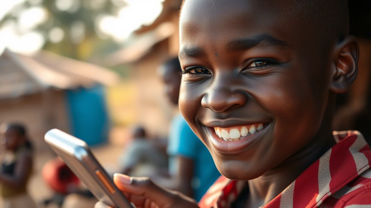 Fotografia ritratto di un giovane adolescente keniota che sorride con speranza tenendo in mano uno smartphone, ambientazione esterna in un villaggio durante il giorno, luce solare morbida, obiettivo 35mm, profondità di campo per evidenziare il soggetto.
