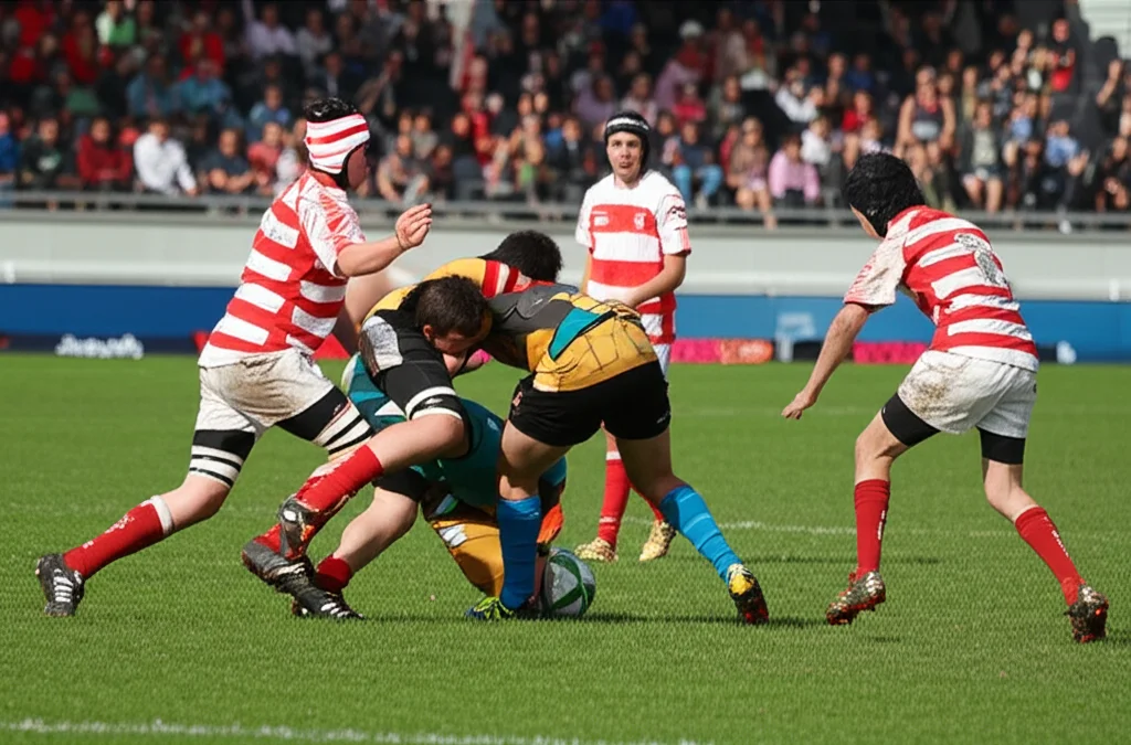 Fotografia sportiva, teleobiettivo zoom 100-400mm, alta velocità dell'otturatore. Un momento intenso di una partita di rugby giovanile con un placcaggio in corso tra due ragazzini (circa 11-12 anni), focus sull'azione e sulla potenziale collisione, spettatori sfocati sullo sfondo.