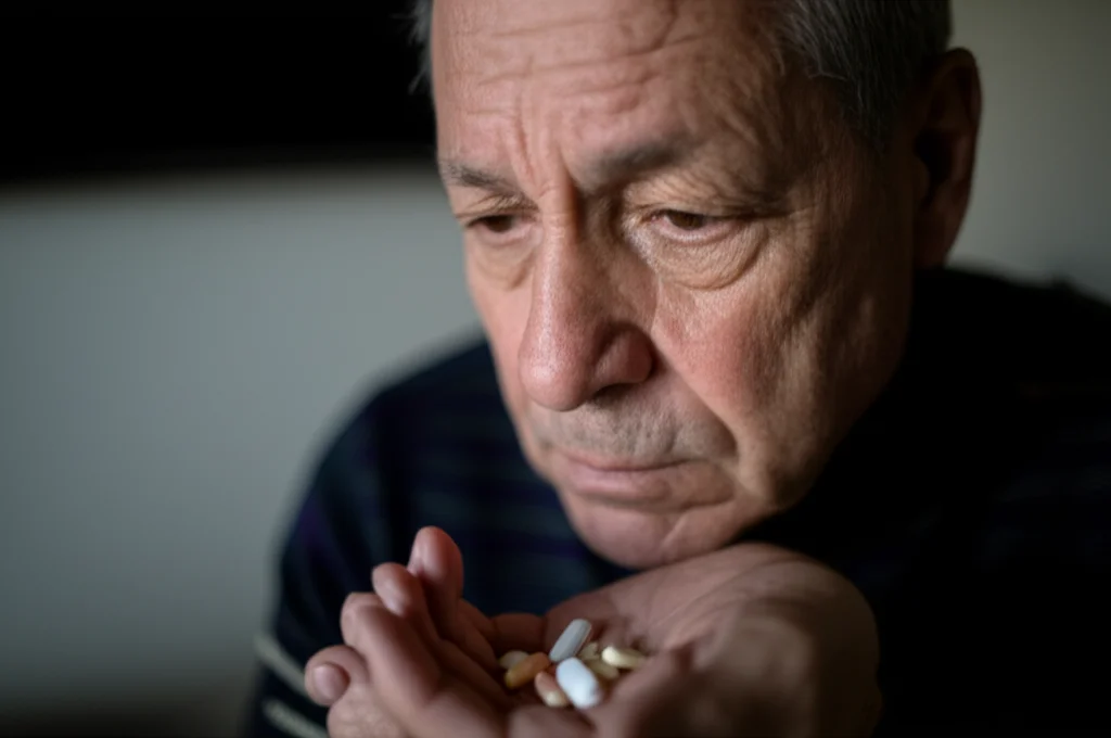 Photorealistic portrait, 35mm lens, depth of field, of an older French person looking at a hand holding several pills, symbolizing the complexity of polypharmacy.