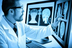 Scientist working with DNA data and medical scans on a computer screen, 35mm portrait, depth of field, blue and grey duotones.