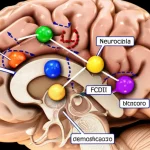 Visualizzazione artistica e scientifica del cervello umano che mostra un'area focale di displasia corticale (FCDII) con cellule neuronali normali e cellule anomale (DN e BC) interconnesse, evidenziando il concetto di mosaicismo somatico e ricerca a livello di singola cellula, colori vibranti ma realistici, profondità di campo, stile fotorealistico con elementi grafici sovrapposti.