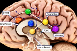 Visualizzazione artistica e scientifica del cervello umano che mostra un'area focale di displasia corticale (FCDII) con cellule neuronali normali e cellule anomale (DN e BC) interconnesse, evidenziando il concetto di mosaicismo somatico e ricerca a livello di singola cellula, colori vibranti ma realistici, profondità di campo, stile fotorealistico con elementi grafici sovrapposti.