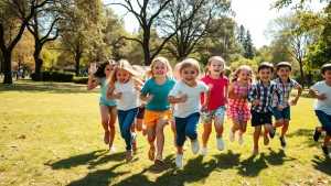 Un gruppo diversificato di bambini sorridenti che giocano insieme all'aperto in un parco soleggiato, alcuni corrono, altri saltano. Fotografia di gruppo, wide-angle lens 24mm per includere l'ambiente, fast shutter speed per congelare il movimento, luce naturale brillante, colori vivaci, atmosfera di gioia e resilienza.