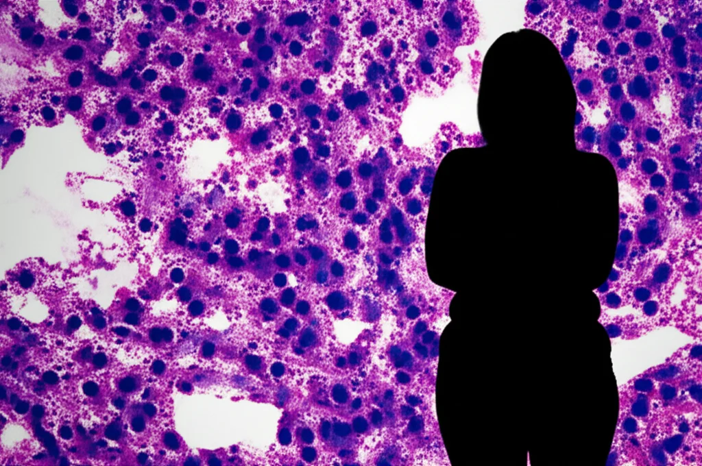 Immagine concettuale fotorealistica che mostra la silhouette di una persona con sovrappeso sovrapposta a una visualizzazione microscopica di cellule del cancro colorettale, illuminazione drammatica, profondità di campo, lente macro 85mm.