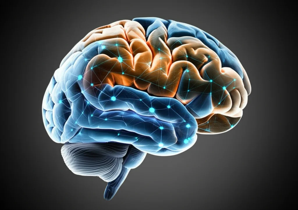 Immagine fotorealistica di una rete neurale a grafo (GNN) con nodi luminosi e connessioni intricate, elegantemente sovrapposta a una visualizzazione 3D dettagliata della corteccia cerebrale umana, parcellizzata in regioni colorate. L'illuminazione è drammatica, quasi da film noir, per enfatizzare la complessità e l'interconnessione tra l'intelligenza artificiale e le neuroscienze. Dettagli: obiettivo prime 35mm, profondità di campo accentuata, bianco e nero con accenti di colore ciano per le regioni parcellizzate.