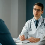 Medical professional discussing lung health results with a patient, clinic setting, 35mm portrait, depth of field