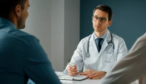 Medical professional discussing lung health results with a patient, clinic setting, 35mm portrait, depth of field