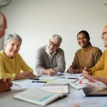 A diverse group of smiling older adults actively participating in a community health workshop, symbolizing proactive lifestyle management for cognitive well-being. Prime lens, 35mm, depth of field, bright and inviting lighting.