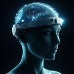 A futuristic yet approachable image of a person wearing a sleek, modern fNIRS headband, with subtle glowing light patterns on the device indicating brain activity. Prime lens, 50mm, depth of field, a harmonious blend of human and advanced neurotechnology, conveying innovation and hope.