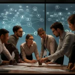 A photorealistic image of diverse project managers and engineers collaborating and reviewing digital network diagrams on a large screen, 30mm portrait lens, depth of field, conveying complexity and connection.
