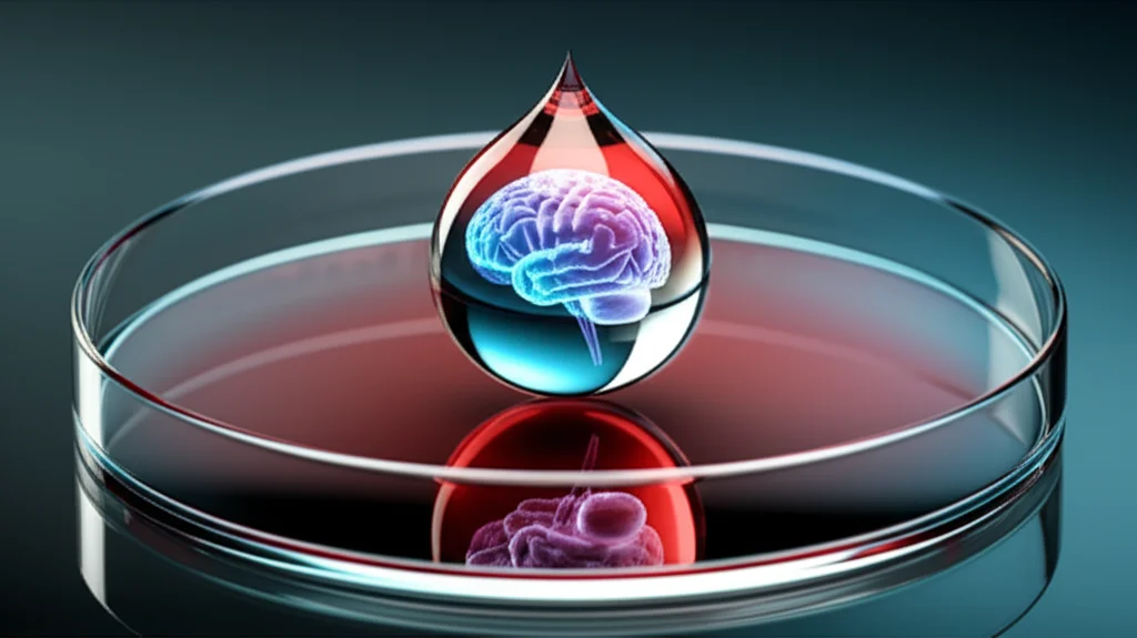 Immagine concettuale di una goccia di sangue che cade in una piastra di Petri, riflettendo al suo interno una stilizzazione del cervello umano con aree illuminate. Macro lens, 100mm, high detail, controlled lighting, sfondo scuro.