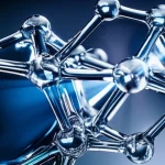 Macro lens, 105mm, High detail, precise focusing, controlled lighting, Close-up abstract depiction of water molecules forming hydrogen bonds, showing tetrahedral (SHB) and distorted (WHB) structures in solution, with faint light beams representing spectroscopy.