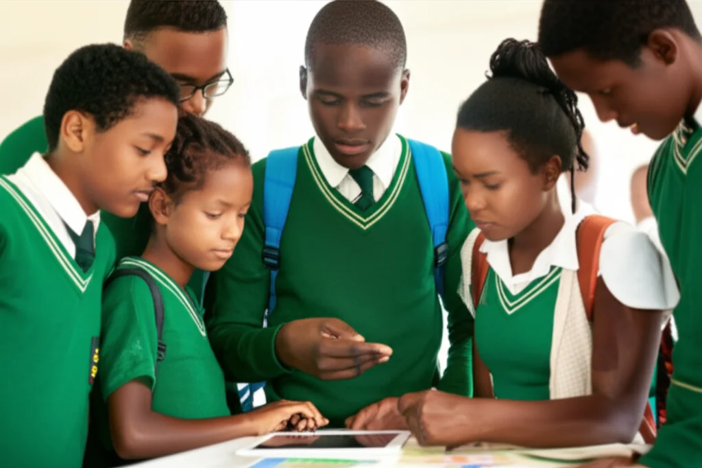 Photorealistic image of a group of diverse secondary school students in Rwanda looking engaged and discussing health information, possibly on a tablet or poster, 35mm portrait, depth of field, vibrant colors.