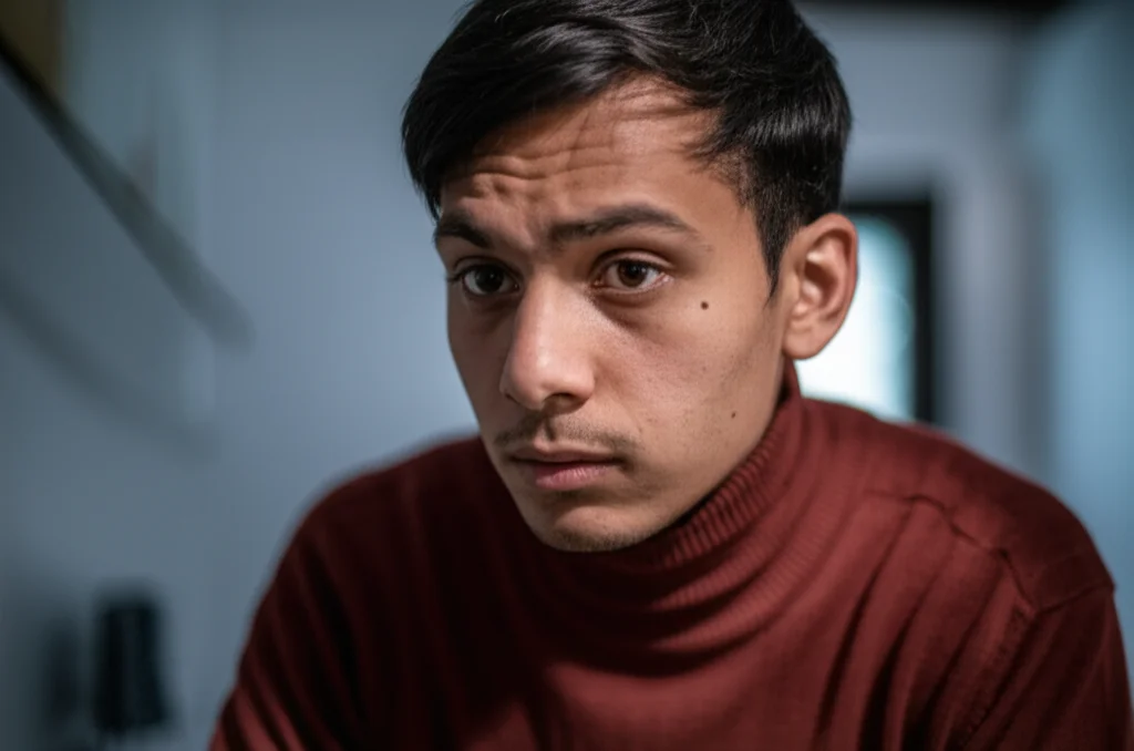 Photorealistic portrait of a person looking concerned, representing the impact of the pandemic on health, 35mm portrait, depth of field.