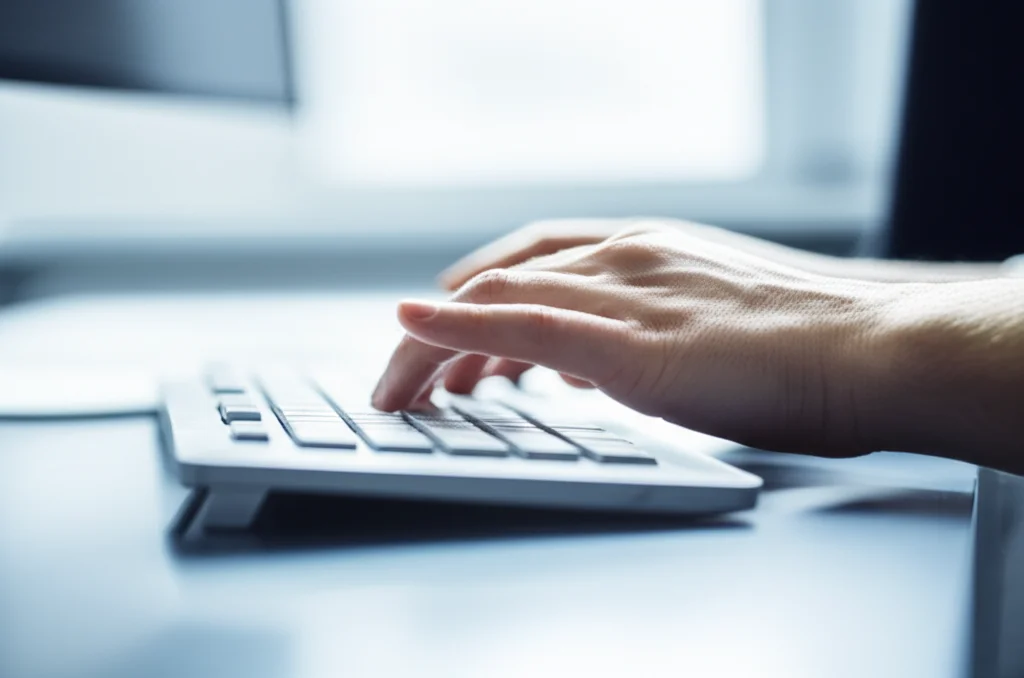 Primo piano di una mano che inserisce dati medici complessi su una tastiera di computer in un ambiente ospedaliero moderno e sterile, simboleggiando la sfida e l'importanza della raccolta dati accurata sullo stadio del cancro. Luce controllata e leggermente fredda, obiettivo prime 35mm, profondità di campo ridotta per focalizzare sulla mano e sulla tastiera.