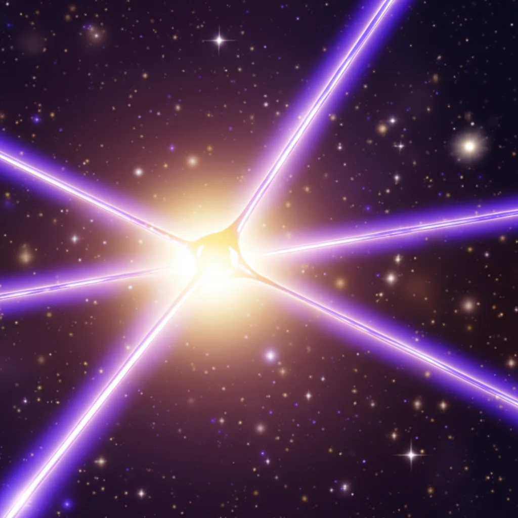 Visualizzazione artistica del concetto di oscillazione dei neutrini in un ambiente dissipativo, mostrando particelle che cambiano 'sapore' mentre interagiscono con uno sfondo cosmico turbolento, obiettivo prime 50mm, colori duotone viola e oro, profondità di campo.