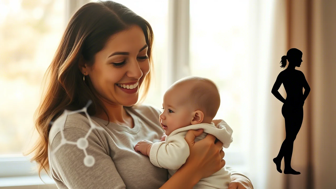 Ritratto di una donna sorridente che tiene in braccio il suo bambino, luce naturale da finestra, profondità di campo. In sovrimpressione discreta, una stilizzazione di molecole di acidi grassi e una silhouette che indica la misurazione della composizione corporea. Obiettivo prime 35mm, toni caldi.