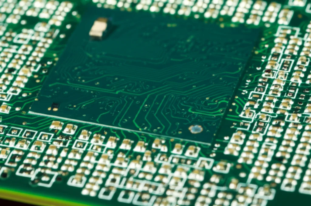 Fotografia macro ad alta definizione di un chip di processore per intelligenza artificiale montato su un circuito stampato, illuminato con precisione per evidenziare i dettagli intricati delle connessioni, obiettivo macro 100mm, luce controllata.