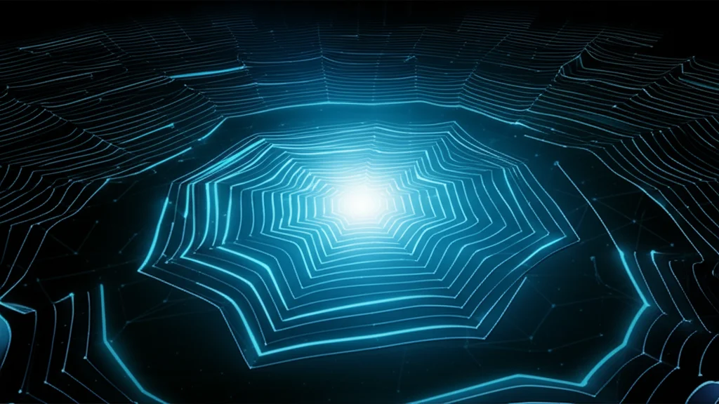 Grafico 3D astratto e luminoso che mostra linee di dati convergenti da diverse direzioni verso un punto centrale luminoso su uno sfondo digitale scuro, rappresentante la fusione di dati TDoA, AoA e FoA per una localizzazione precisa. Stile futuristico.