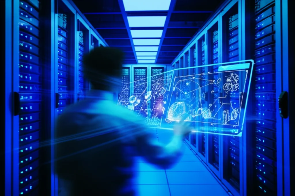 Fotografia grandangolare 15mm di un data center moderno con file di server illuminati da LED blu; un tecnico in primo piano sfocato interagisce con uno schermo olografico che mostra reti neurali complesse. Lunga esposizione per scie luminose, messa a fuoco nitida sui server.