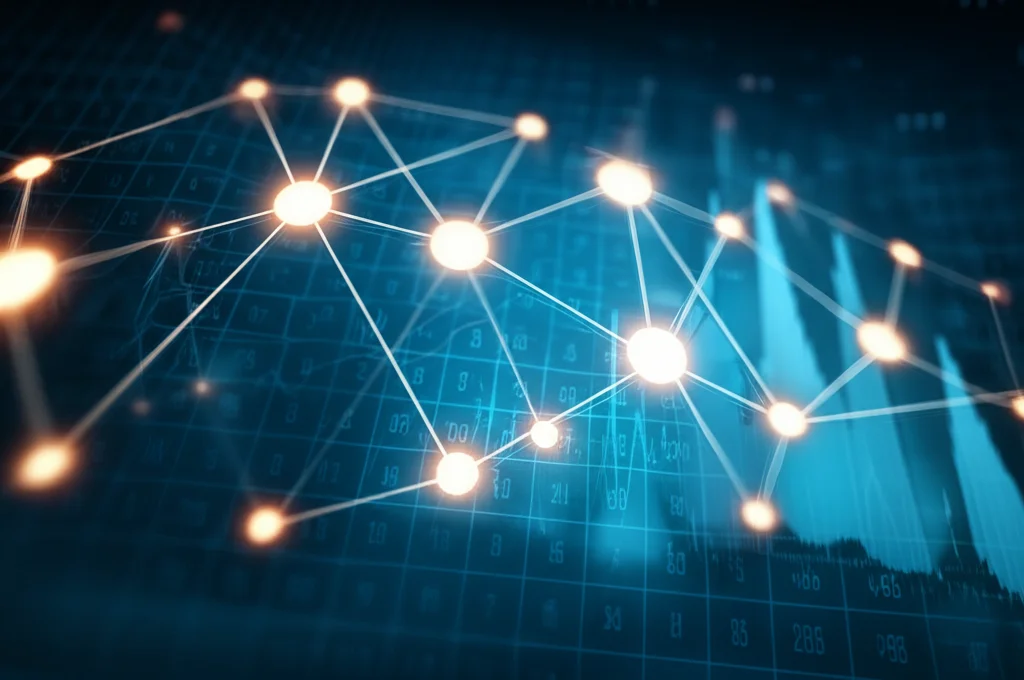 Un'immagine concettuale che rappresenta un grafo fuzzy con nodi luminosi di diverse intensità e connessioni sfumate, sovrapposto a un background di dati medici digitali. Macro lens, 60mm, high detail, precise focusing, controlled lighting, per evidenziare la complessità e l'incertezza gestite dal modello.