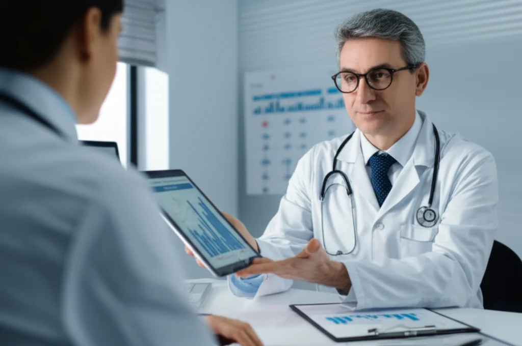 Un medico oncologo che esamina attentamente un tablet visualizzante un grafo complesso e dati paziente, in un moderno ambulatorio ospedaliero. Prime lens, 35mm, depth of field, illuminazione soffusa ma focalizzata sul volto del medico e sullo schermo, per trasmettere concentrazione e l'uso della tecnologia avanzata.