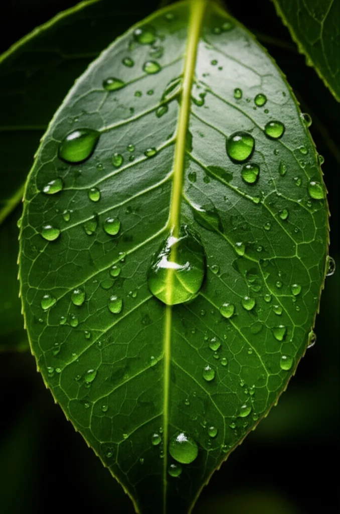 Macro fotografia di una foglia di Camelia da Olio sana e idratata, con goccioline d'acqua sulla superficie. Obiettivo macro 100mm, alta definizione, illuminazione controllata per esaltare la texture e il colore verde brillante della foglia.