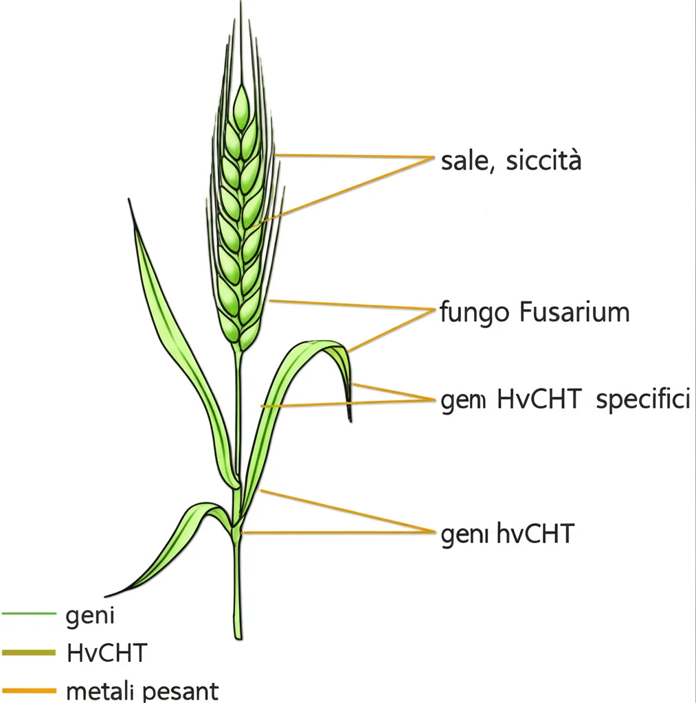 Infografica che mostra una pianta d'orzo con frecce che indicano diversi tipi di stress (sale, siccità, fungo Fusarium, metalli pesanti) e i geni HvCHT specifici che si attivano in risposta. Stile grafico moderno e chiaro, con icone rappresentative per ogni stress. Potrebbe essere un'immagine per una presentazione scientifica divulgativa.