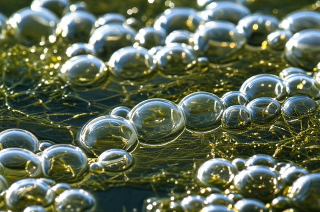 Immagine macro fotorealistica di bolle di gas metano che emergono da una zona umida o da una risaia, obiettivo macro 100mm, alta definizione, messa a fuoco precisa sulle bolle, luce naturale filtrata.