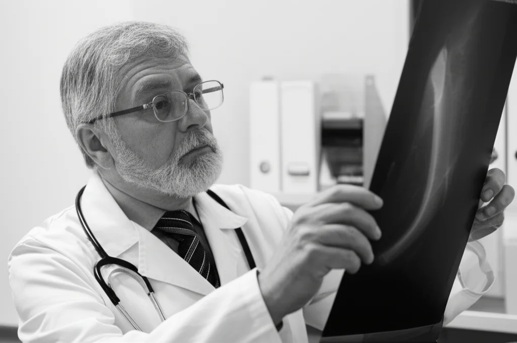 Un medico dall'aspetto saggio, con occhiali, esamina attentamente la radiografia di un'arteria della gamba in uno studio medico ben illuminato. Prime lens, 35mm, bianco e nero cinematografico, profondità di campo per mettere a fuoco la radiografia e il volto concentrato del medico.