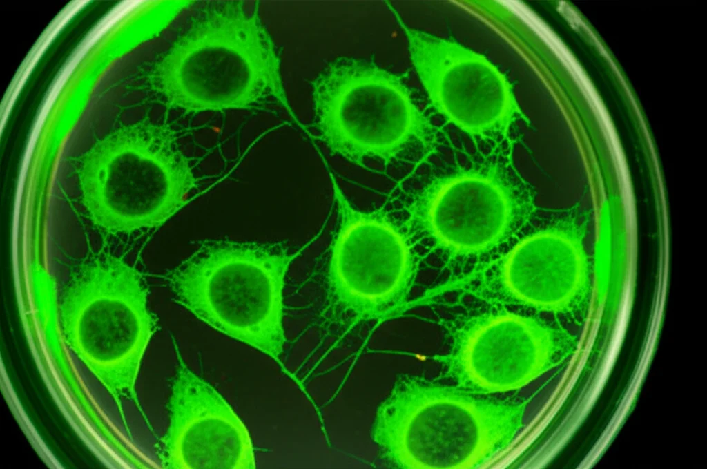 Macro fotografia di cellule umane in una piastra di Petri a 96 pozzetti, con alcune cellule che mostrano un'intensa fluorescenza verde indicante l'espressione del trasportatore NIS. Illuminazione da laboratorio controllata per evidenziare i dettagli cellulari, alta definizione, lente macro 100mm, sfondo leggermente sfocato per concentrarsi sulle cellule.