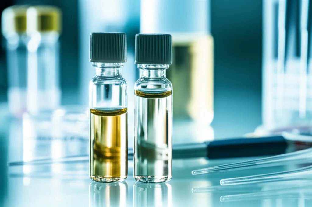 Immagine macro di fiale di vetro ambrato contenenti frazioni S9 di fegato di ratto e cofattori, posizionate su un banco di laboratorio pulito. Accanto, pipette e altra strumentazione scientifica suggeriscono un ambiente di ricerca. Illuminazione precisa per evidenziare la texture dei liquidi, dettaglio elevato, lente macro 60mm.