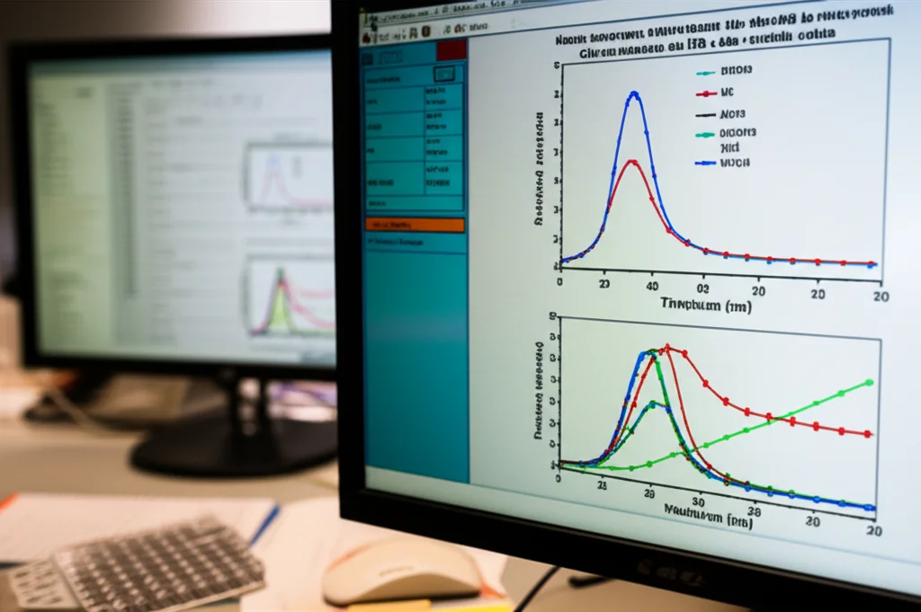 Fotografia di uno schermo di computer in un laboratorio di ricerca che mostra curve concentrazione-risposta colorate (blu, rosso, verde) relative all'inibizione del NIS e alla vitalità cellulare. Sullo sfondo, appunti scientifici e una piastra a 96 pozzetti sono visibili sulla scrivania. Luce soffusa emessa dal monitor, messa a fuoco precisa sui grafici, lente da 50mm, atmosfera di studio e analisi dati.