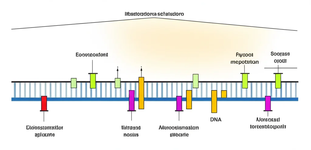 Illustrazione schematica di un promotore genico con diversi elementi cis-regolatori (CREs) colorati, rappresentati come piccoli blocchi su un filamento di DNA. Sfondo astratto con gradienti di colore che simboleggiano stress, ormoni e sviluppo. Stile infografica scientifica.