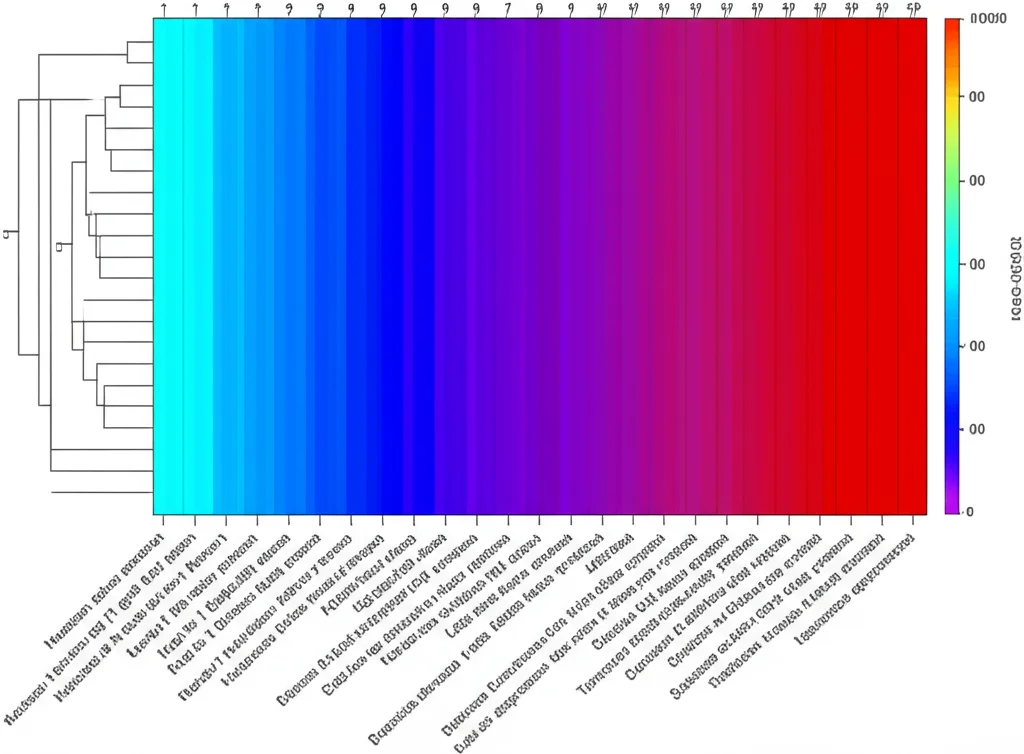 Heatmap colorata che mostra i livelli di espressione dei 12 geni BoBZR1 in diversi tessuti di Brassica oleracea (radice, fusto, foglia, fiore, ecc.). Colori vivaci dal blu (bassa espressione) al rosso (alta espressione). Stile visualizzazione dati scientifici, chiara e informativa.