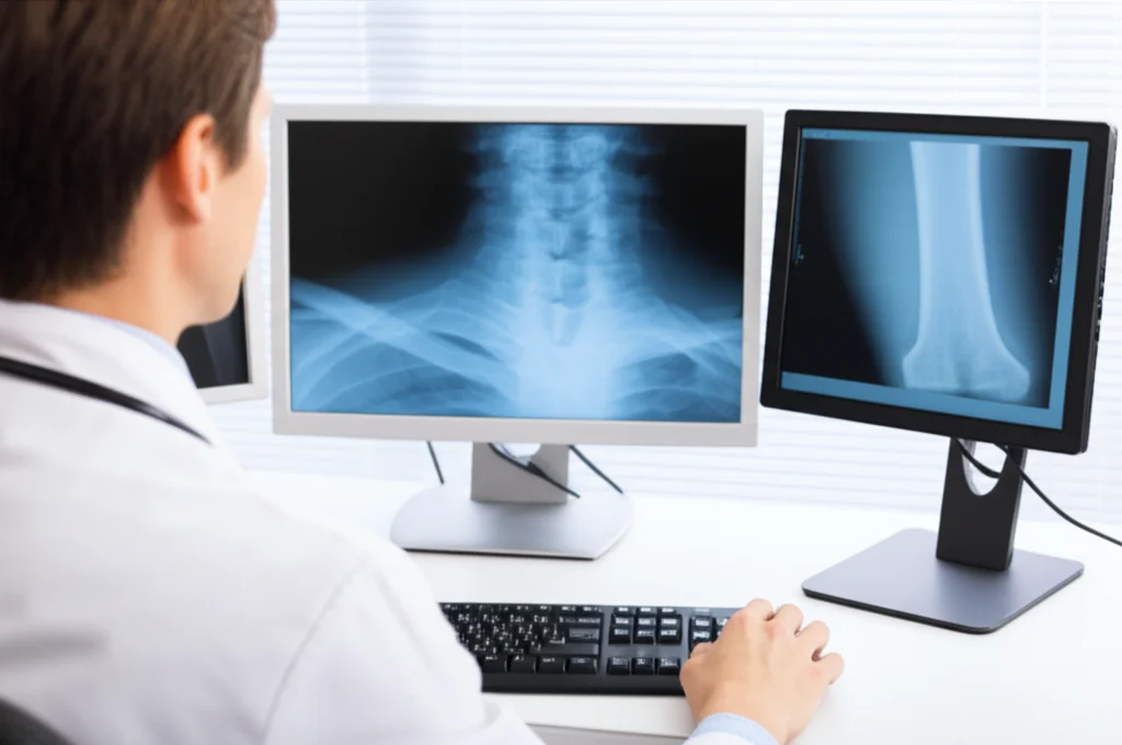 Un medico specialista in osteoporosi esamina attentamente una scansione DXA della colonna vertebrale e dell'anca di un paziente su un monitor ad alta risoluzione in un ambiente clinico moderno e ben illuminato. Utilizzo di un obiettivo prime da 35mm con profondità di campo per mettere a fuoco il monitor e il volto concentrato del medico.