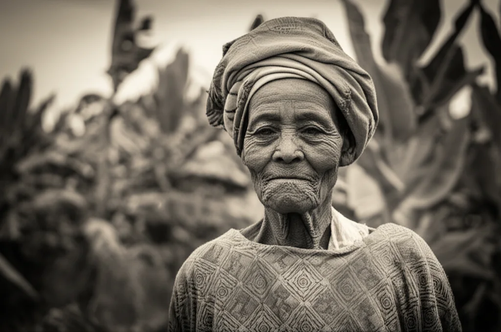 Ritratto fotografico di una donna etiope anziana, capo famiglia (FHH), nel suo contesto rurale vicino a piante di Enset, obiettivo 35mm, toni duo seppia e grigio, profondità di campo che sfoca leggermente lo sfondo. Film noir style, depth of field.