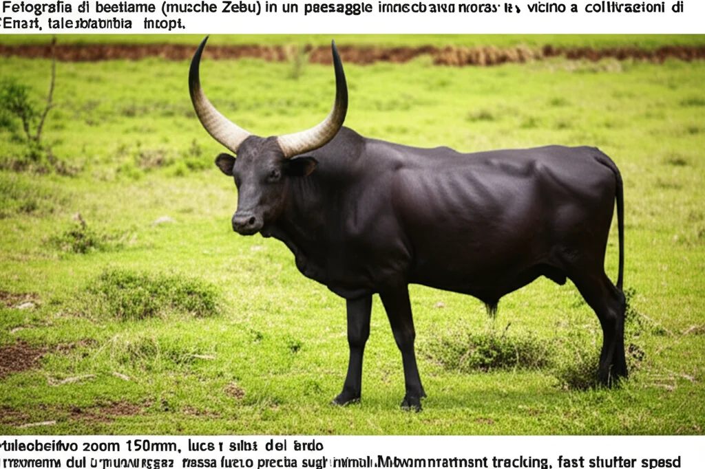 Fotografia di bestiame (mucche Zebu) in un paesaggio rurale etiope vicino a coltivazioni di Enset, teleobiettivo zoom 150mm, luce naturale del tardo pomeriggio, messa a fuoco precisa sugli animali. Movement tracking, fast shutter speed.