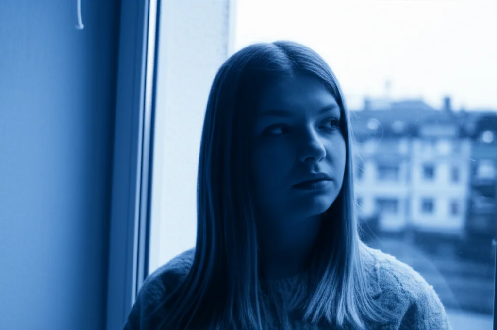 Fotografia di ritratto, una giovane donna (20 anni) dall'aspetto pensieroso, guarda fuori da una finestra in una giornata nuvolosa, luce soffusa, obiettivo 35mm, profondità di campo, toni bicromatici blu e grigio.