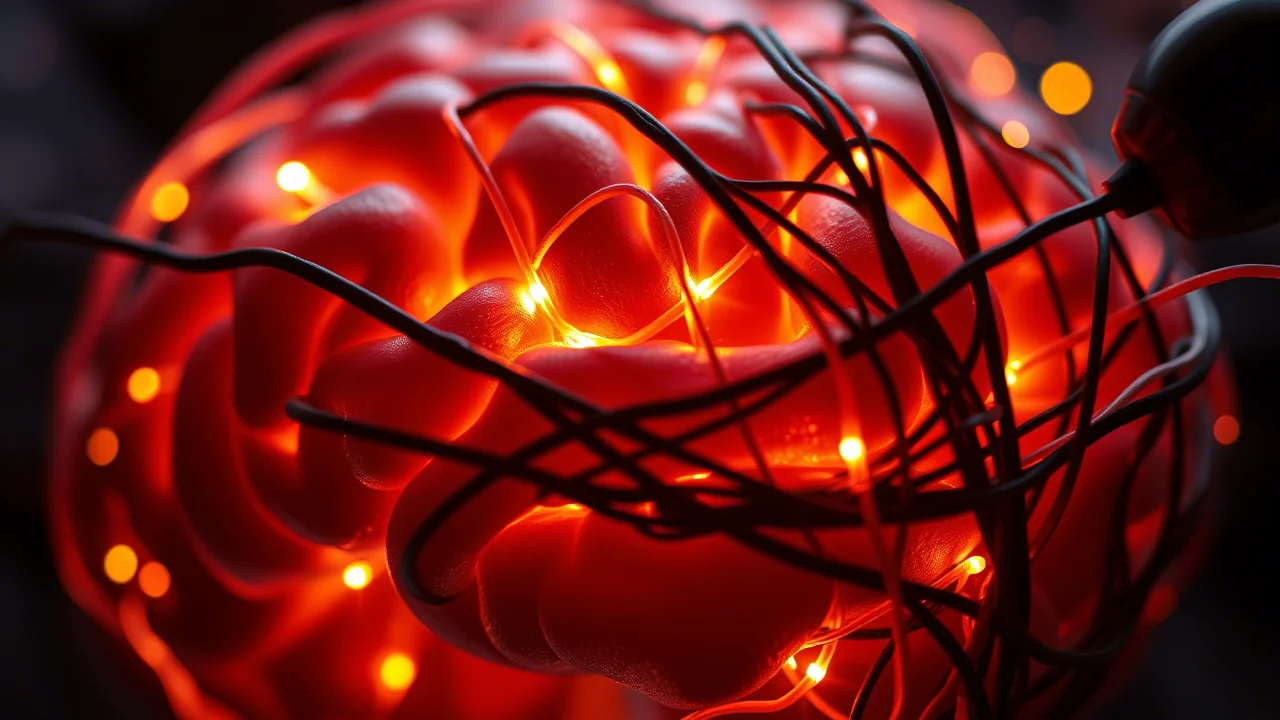 Fotografia macro, un dettaglio di un cervello stilizzato fatto di fili aggrovigliati, alcuni luminosi (pensieri positivi/benessere) e altri scuri e annodati (RNT/preoccupazione), illuminazione controllata, alta definizione, obiettivo macro 100mm.