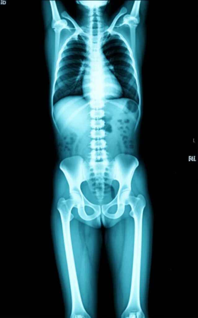 Immagine altamente realistica di una scintigrafia ossea total body che mostra multiple aree di ipercaptazione del tracciante, indicanti fratture. Dettaglio elevato, illuminazione controllata, come se fosse visualizzata su un monitor medico high-tech. Obiettivo macro 100mm.