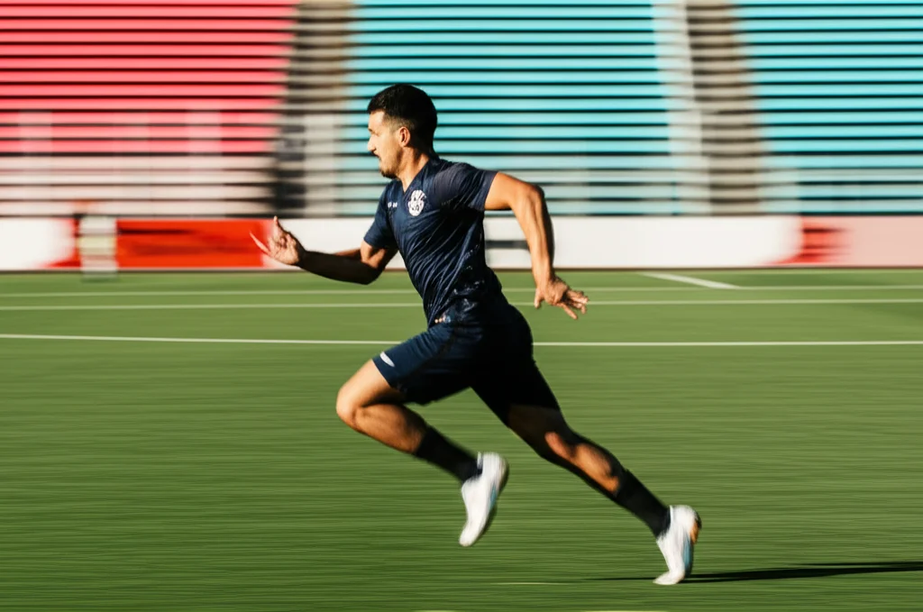 Fotografia sportiva di un calciatore professionista serbo durante un test di sprint sui 30 metri su un campo da calcio, catturata con un teleobiettivo zoom 200mm, alta velocità dell'otturatore per congelare il movimento, tracciamento del movimento attivo, luce naturale del mattino.