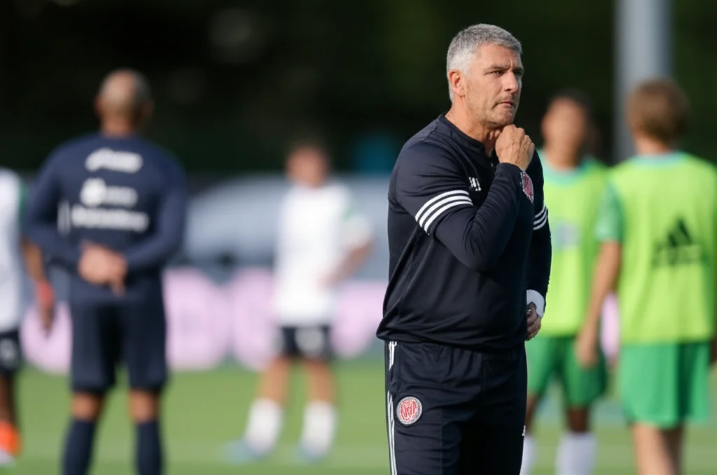 Ritratto ambientato di un allenatore di calcio pensieroso a bordo campo durante una sessione di allenamento, obiettivo prime 35mm, profondità di campo ridotta per sfocare lo sfondo dei giocatori, luce pomeridiana morbida, espressione concentrata.