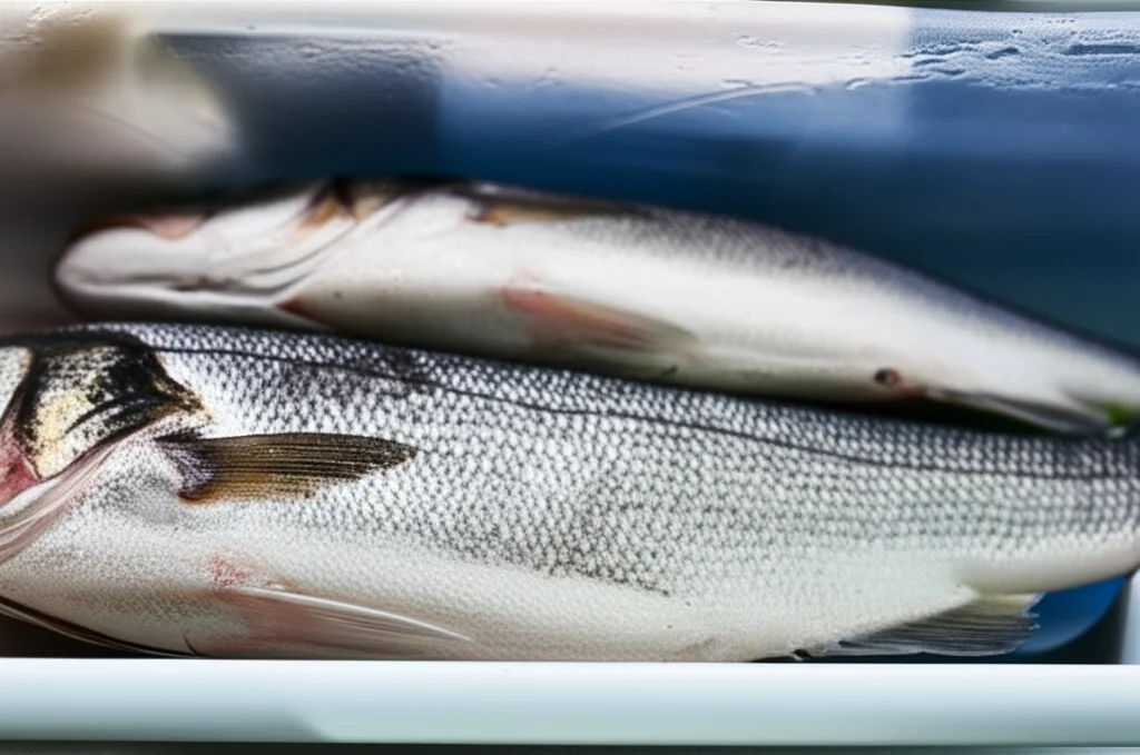 Due filetti di branzino affiancati in un frigorifero, uno dall'aspetto fresco (dopo 6 giorni, trattato con PDI), l'altro leggermente meno fresco (dopo 6 giorni, non trattato), illuminazione da frigorifero, obiettivo macro 60mm, messa a fuoco precisa sulla texture.